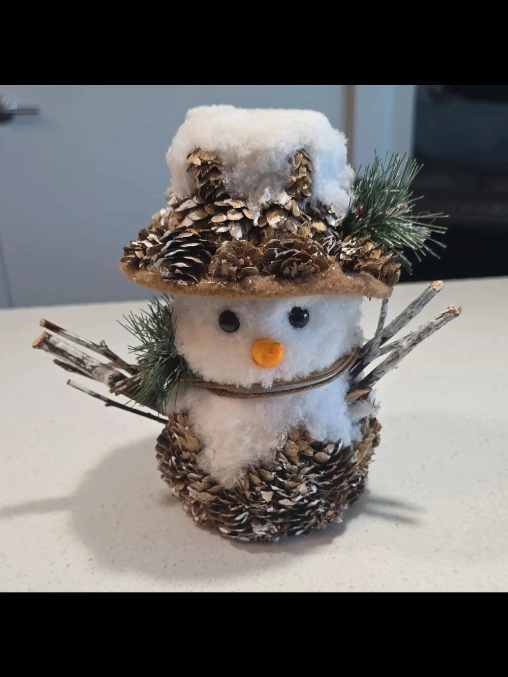 Pinecone Snowman Holiday Figurine - Cream & Brown